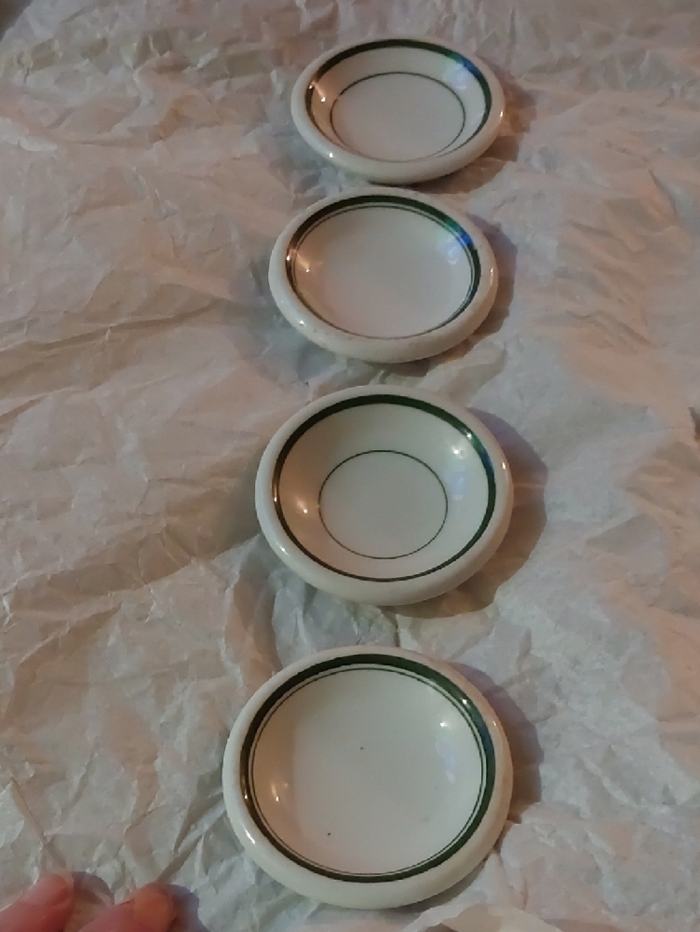 Vintage White Ceramic Mini Bowls with Green Rim - Set of 4 - Picture 2 of 3